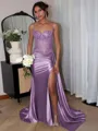 Perfect Sheath Spaghetti Straps Appliques Lace Sweep Train Silk Like Satin Corset Evening Dress