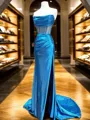 Trendy Sheath Straight Pleated Court Train Silk Like Satin Corset Evening Dress