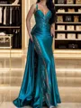 Fashion Sheath V-Neck Pleated Sweep Train Silk Like Satin Evening Dress