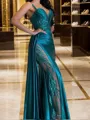 Fashion Sheath V-Neck Pleated Sweep Train Silk Like Satin Evening Dress
