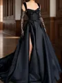 Enchanting A-line Straps Appliques Lace Court Train Satin Corset Evening Dress