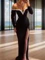 Gorgeous Sheath Off-the-Shoulder Long Sleeves Beading Floor-Length Stretch Crepe Evening Dress