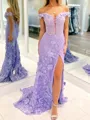 Perfect Sheath Off-the-Shoulder Appliques Lace Sweep Train Tulle Corset Evening Dress