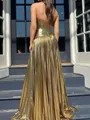 Pretty A-line Sweetheart Pleated Sweep Train Metallic Satin Corset Evening Dress