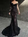 Glamorous Sheath One-Shoulder Long Sleeves Sweep Train Lace Corset Evening Dress