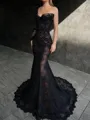 Glamorous Sheath One-Shoulder Long Sleeves Sweep Train Lace Corset Evening Dress