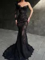 Glamorous Sheath One-Shoulder Long Sleeves Sweep Train Lace Corset Evening Dress