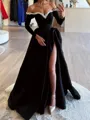 Opulent A-line Off-the-Shoulder Long Sleeves Beading Floor-Length Satin Evening Dress