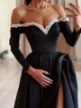 Opulent A-line Off-the-Shoulder Long Sleeves Beading Floor-Length Satin Evening Dress