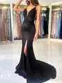 Graceful Sheath V-Neck Appliques Lace Sweep Train Silk like Satin Evening Dress