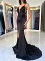 Graceful Sheath V-Neck Appliques Lace Sweep Train Silk like Satin Evening Dress
