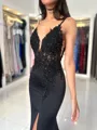 Graceful Sheath V-Neck Appliques Lace Sweep Train Silk like Satin Evening Dress