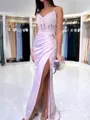 Grand Sheath V-Neck Appliques Lace Floor-Length Silk Like Satin Corset Evening Dress