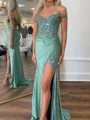 Breathtaking Sheath Off-the-Shoulder Appliques Lace Sweep Train Silk like Satin Corset Evening Dress