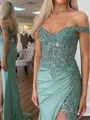 Breathtaking Sheath Off-the-Shoulder Appliques Lace Sweep Train Silk like Satin Corset Evening Dress