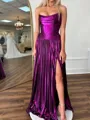 Gorgeous A-line Straight Pleated Sweep Train Metallic Satin Corset Evening Dress