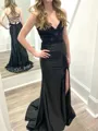 Fashion Sheath V-Neck Appliques Lace Sweep Train Silk Like Satin Evening Dress