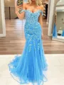 Unique Mermaid Off-the-Shoulder Appliques Lace Sweep Train Tulle Evening Dress