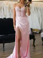 Delicate Sheath Off-the-Shoulder Appliques Lace Court Train Silk Like Satin Corset Evening Dress