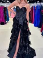 Opulent A-line Sweetheart Cascading Ruffles Sweep Train Tulle Corset Evening Dress