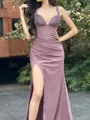 Unforgettable Sheath V-Neck Beading Floor-Length Silk like Satin Corset Evening Dress