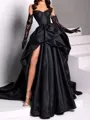 classy A-line Sweetheart Pleated Chapel Train Satin Evening Dress
