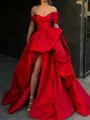 Hermosos A-line Off-the-Shoulder Pleated Sweep Train Satin Evening Dress