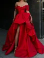 Hermosos A-line Off-the-Shoulder Pleated Sweep Train Satin Evening Dress