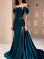 Fashion Sheath Cold Shoulder Pleated Court Train Silk Like Satin Evening Dress
