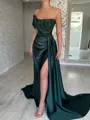 Glam Sheath Straight Pleated Sweep Train Silk Like Satin Corset Evening Dress