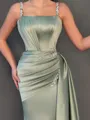 Unique Sheath Straps Pleated Floor-Length Silk Like Satin Evening Dress