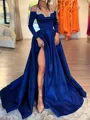 Charming A-line Halter Long Sleeves Rhinestone Sweep Train Silk like Satin Evening Dress