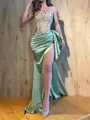 Hot Sheath Straight Pleated Sweep Train Silk Like Satin Corset Evening Dress