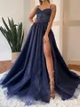 Delicate A-line Spaghetti Straps Appliques Lace Sweep Train Corset Evening Dress