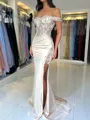 Elegant Sheath Off-the-Shoulder Appliques Lace Sweep Train Silk like Satin Corset Evening Dress