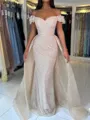 Stunning Sheath Off-the-Shoulder Pleated Sweep Train Evening Dress With Detachable Train