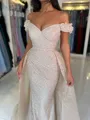 Stunning Sheath Off-the-Shoulder Pleated Sweep Train Evening Dress With Detachable Train