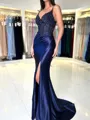 Splendid Sheath V-Neck Appliques Lace Sweep Train Silk Like Satin Corset Evening Dress