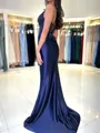 Splendid Sheath V-Neck Appliques Lace Sweep Train Silk Like Satin Corset Evening Dress