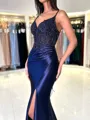 Splendid Sheath V-Neck Appliques Lace Sweep Train Silk Like Satin Corset Evening Dress