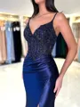 Splendid Sheath V-Neck Appliques Lace Sweep Train Silk Like Satin Corset Evening Dress