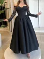 Striking A-line Sweetheart Long Sleeves Ruffles Ankle-Length Satin Corset Evening Dress
