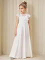 A-line Scoop Short Sleeves Floor-Length Chiffon Lovely Junior/Girls Bridesmaid Dress