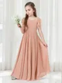 A-line Enchanting Scoop Short Sleeves Floor-Length Chiffon Junior/Girls Bridesmaid Dress