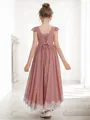 A-line Scoop Short Sleeves Sparkling Asymmetrical Chiffon Junior/Girls Bridesmaid Dress