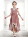 A-line Scoop Short Sleeves Sparkling Asymmetrical Chiffon Junior/Girls Bridesmaid Dress