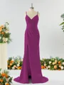 Sheath/Column Enchanting V-neck Stretch Crepe Bridesmaid Dress With Slit
