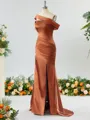 Captivating Sheath/Column Off-the-Shoulder Silk Like Satin Bridesmaid Dress With Slit