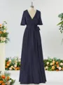 A-line Striking V-neck Short Sleeves Silk Like Satin Bridesmaid Dress With Sash
