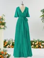 A-line Striking V-neck Short Sleeves Silk Like Satin Bridesmaid Dress With Sash